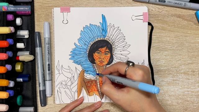 ИНДЕЙСКИЙ МАЛЬЧИК В СИНИХ ПЕРЬЯХ | РИСУНОК МАРКЕРАМИ "COPIC CIAO" смотреть онлайн
