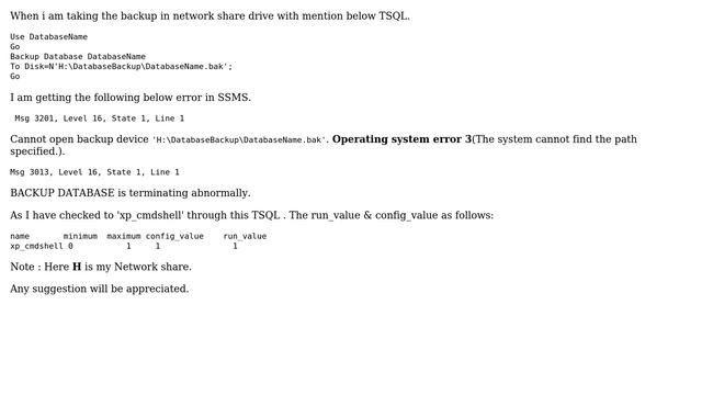 Databases: Backup Error with Msg 3201, Level 16, State 1, Line 1 & Operating system error 3 смотреть онлайн