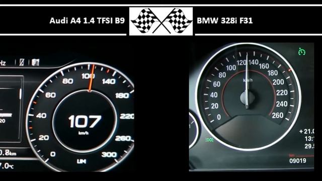 Audi A4 1.4 TFSI B9 VS. BMW 328i F31 - Acceleration 0-100km/h смотреть онлайн