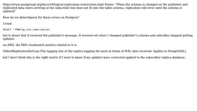 Databases: Detecting Logical Replication Error on Postgres v10 on AWS RDS CloudWatch metrics смотреть онлайн