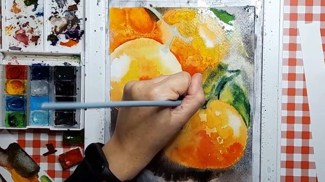 Акварель | Рисую на сыром стекле акварелью |Рисую мандарины по сырой бумаги | Уроки рисования. смотреть онлайн