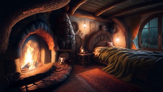 Cozy Hobbit Bedroom - Relaxing Fireplace with Soothing Rainfall Sounds / rain on roof / Deep Sleep смотреть онлайн