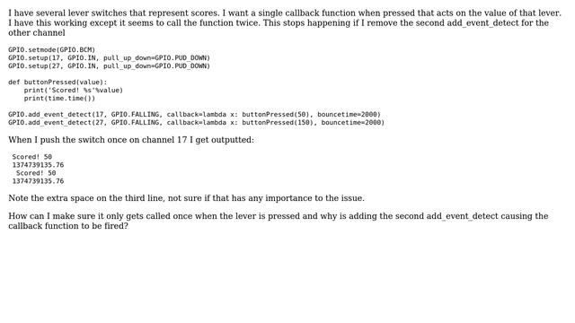 Raspberry Pi: Multiple GPIO.add_event_detect, one callback function смотреть онлайн