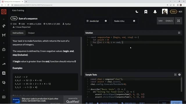 Codewars 7 kyu Sum of a Sequence JavaScript смотреть онлайн