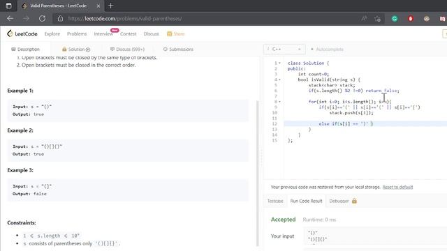LeetCode 20. Valid Parentheses Explanation - cpp смотреть онлайн