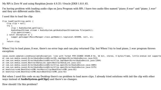 Raspberry Pi: LineUnavailableException when loading audio clip with Java on RPi смотреть онлайн