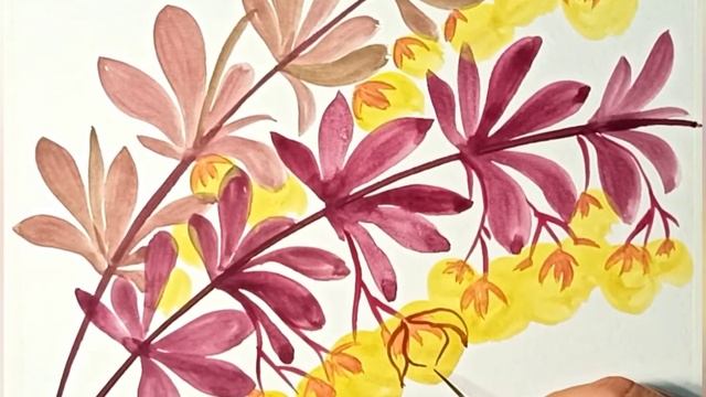Цветы барбариса - рисунок красками. смотреть онлайн