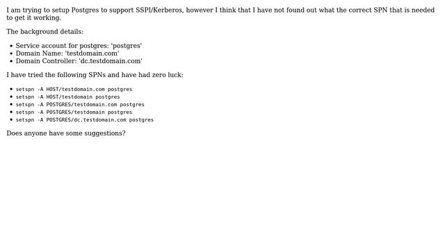 DevOps & SysAdmins: How to set the SPN for Postgres SSPI? смотреть онлайн
