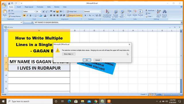 EXCEL - HOW TO WRITE MULTIPLE LINES IN SINGLE CELL || 08 ALT + ENTER || ENGLISH || GAGAN BANSAL смотреть онлайн