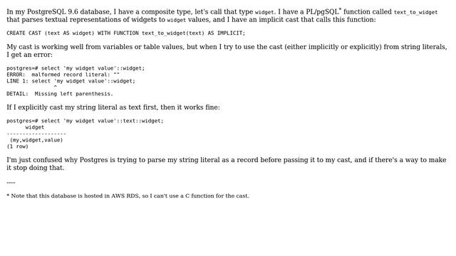 Databases: PostgreSQL parses string literal as record before calling cast смотреть онлайн