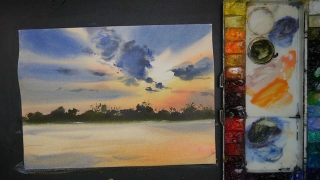 How to paint cloudy sky and sunset in watercolor смотреть онлайн