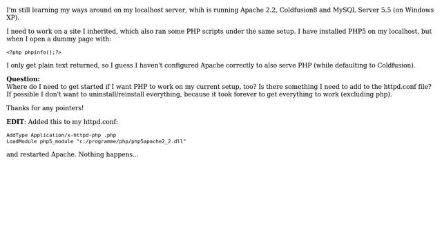 How to serve php files on a Apache server (localhost) running Coldfusion/MySql? смотреть онлайн