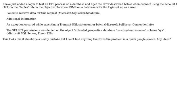 What permissions might be missing on error 229 from 'tables' node on SSMS object explorer смотреть онлайн