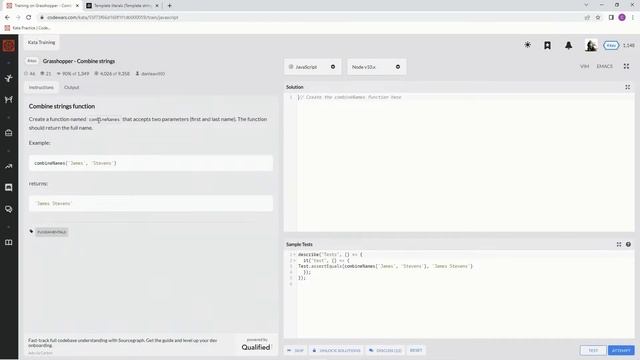 Codewars 8 kyu Grasshopper - Combine Strings JavaScript смотреть онлайн