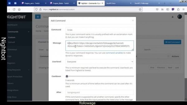 Как добавить в Nightbot команду !followage