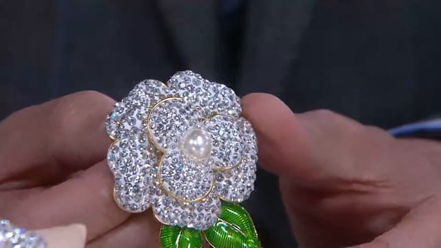 Joan Rivers Pave' Gardenia Pin With Enamel Leaves On QVC