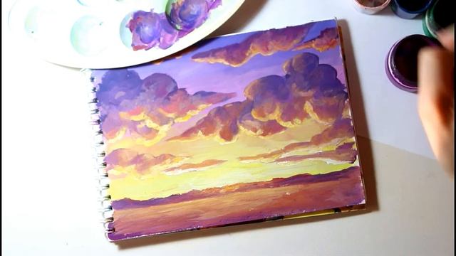 draw a sunset and beautiful clouds. Рисую закат гуашью.Пейзаж с облаками. смотреть онлайн