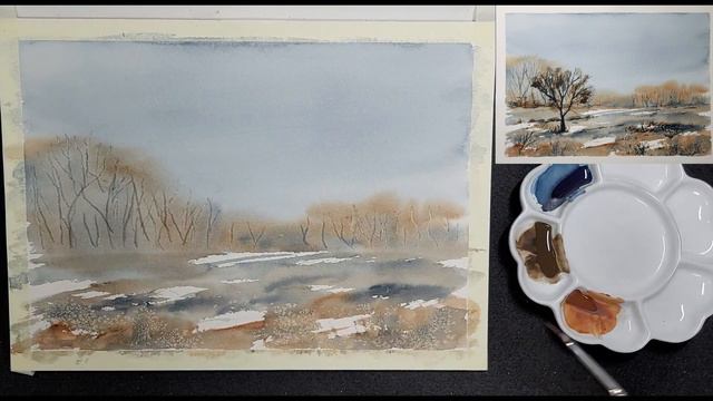 Paint this easy watercolor landscape | store card technique for background trees смотреть онлайн