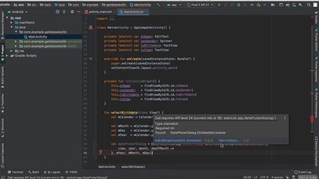 How to get Data from Widgets and Create Spinner and DatePickerDialog in Kotlin (Android Studio) смотреть онлайн