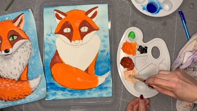 Как нарисовать лисичку в зимнем лесу (гуашью) вместе с детьми от 2 до 5 лет смотреть онлайн