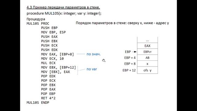 Процедуры функции в Assembler. Передача параметров через стек и регистры. 14 лекция смотреть онлайн