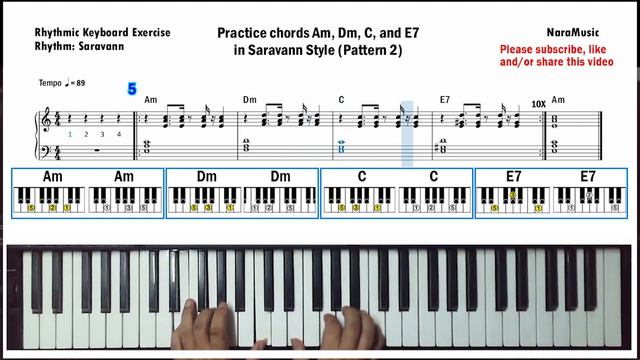 How to play piano chords Am, Dm, C and E7 in Saravann (Pattern 2) смотреть онлайн
