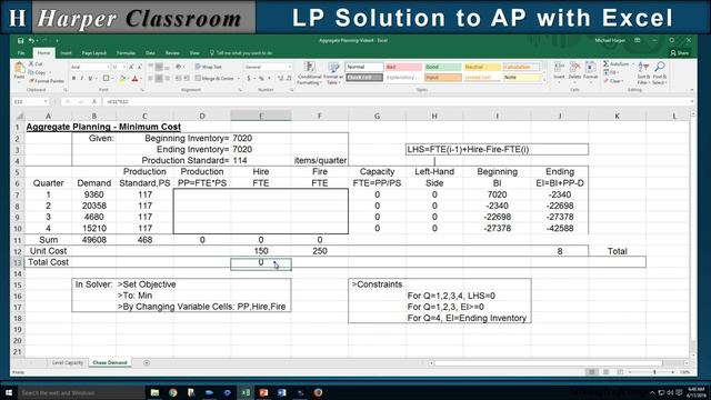 Aggregate Planning LP Min Cost with Excel Solver | Dr. Harper's Classroom смотреть онлайн