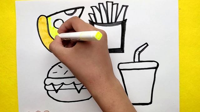 Рисование и раскраска бургера, кусочка пиццы, картофеля фри и колы для детей / Draw and color смотреть онлайн