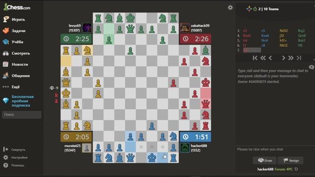 ПЕРВЫЙ РАЗ ИГРАЮ В ШАХМАТЫ 2 НА 2 ИГРОКА НА САЙТЕ CHESS.COM смотреть онлайн