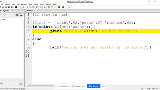hash variable with if else in Padre Perl смотреть онлайн