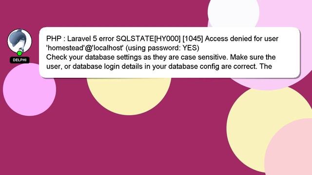 PHP : Laravel 5 error SQLSTATE[HY000] [1045] Access denied for user 'homestead'@'localhost' (using смотреть онлайн