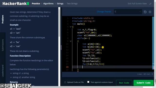 Two strings hackerrank solution in C @ BE A GEEK | Hindi | смотреть онлайн