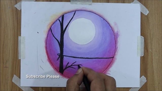 Purple Moonlight night sky painting, Easy scenery drawing for beginners with oil pastels смотреть онлайн
