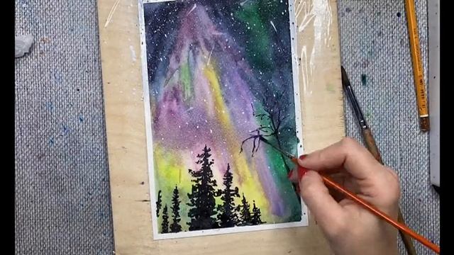 Как нарисовать радужное северное сияние. рисую акварелью. скетчинг для новичков. смотреть онлайн