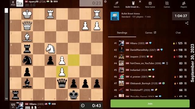Hikaru Nakamura | Bullet Brawl Arena | Titled Bullet Arena 1+0 | September 30, 2023  | Chesscom