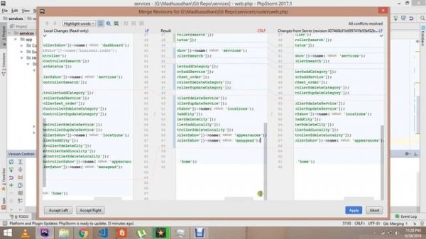 resolving merge conflicts using phpstorm IDE