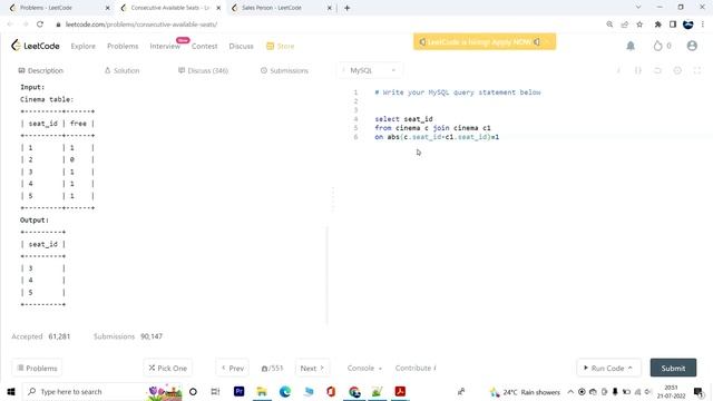 603. Consecutive Available Seats | Leetcode SQL Easy смотреть онлайн