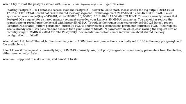 Databases: Can't start postgres server, SHMMAX too small смотреть онлайн