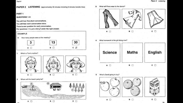 Listening A2, KET 3, Test 4, Part 1 смотреть онлайн