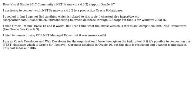 Databases: Does Visual Studio 2017 Community (.NET Framework 4.6.2) support Oracle 8i смотреть онлайн