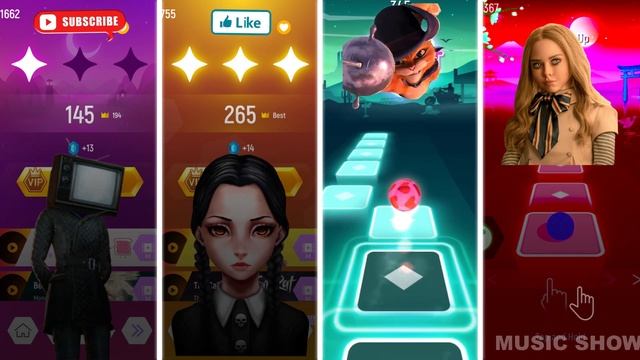 Tv woman Vs Wednesday Vs Puss in Boots Vs Megan (M3gan) - Tiles Hop EDM Rush! смотреть онлайн