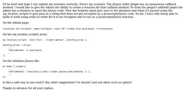 Wordpress: Is it save to use eval for a jQuery callback method coming from the database? смотреть онлайн