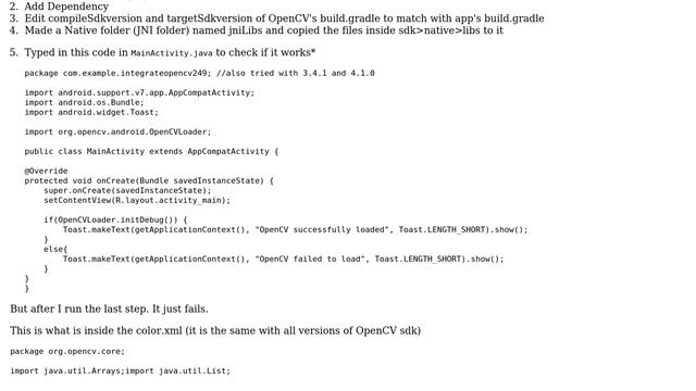 Error while integrating OpenCV in Android Studio (color.xml, content not allowed in prolog) смотреть онлайн