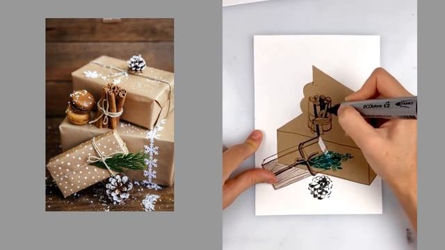 ОТКРЫТКА К НОВОМУ ГОДУ СВОИМИ РУКАМИ. Урок скетчинга. Коллаж смотреть онлайн