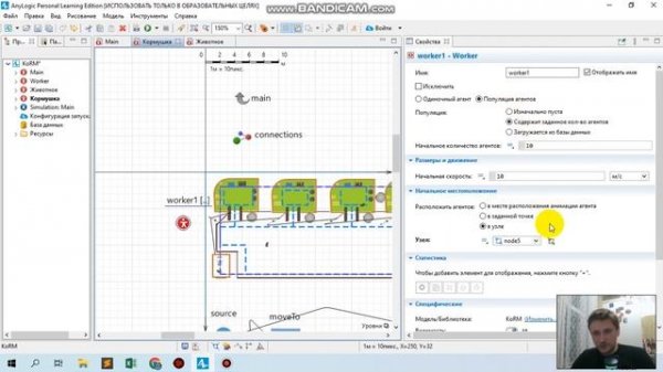 Модель Anylogic кормления животных/ Anylogic model of animal feeding.