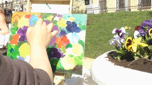 Картина маслом на холсте "Анютины глазки". Пленэр.Flowers.Pansies. смотреть онлайн
