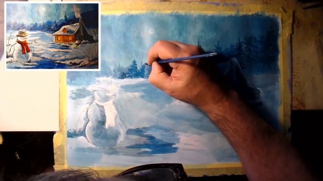 Зимний пейзаж. Как нарисовать зимний пейзаж. 2 часть смотреть онлайн