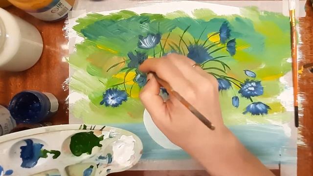 Как легко нарисовать натюрморт. Рисуем васильки и ромашки в вазе. рисуем цветы в вазе. смотреть онлайн