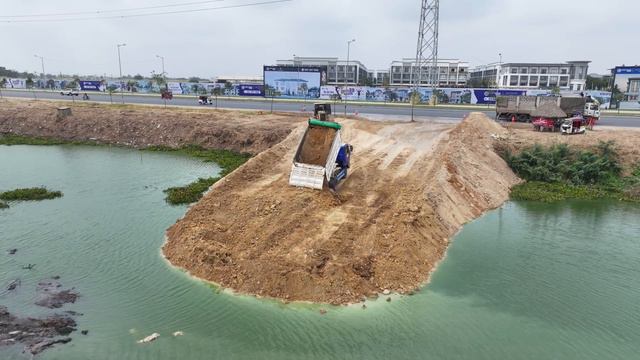 Amazing Long Road Made by Dozer KOMATSU D31P Pushing Rock and Truck 5 Ton Delivering Soil to Lake смотреть онлайн