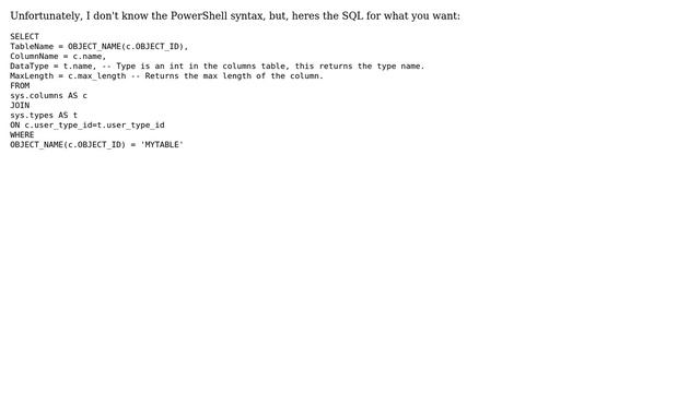 Databases: How to get table columns with datatypes (and lengths) using PowerShell? (3 Solutions!!) смотреть онлайн
